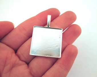 Five 25mm silver plated square bezel pendant or picture charm settings B242