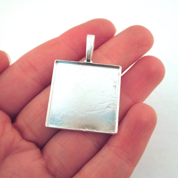Five 25mm silver plated square bezel pendant or picture charm settings B242