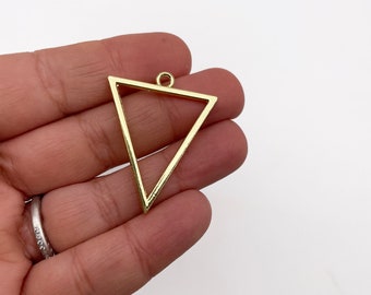 6 Gold Plated Triangle Charms, 35mm Open Bezel Uv Resin Pendants, Pressed Flower Supply F161