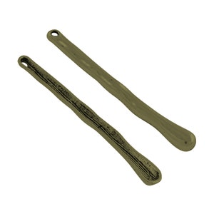 May include: Two long, thin, metallic,  olive green,  sticks with rounded ends.