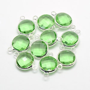 DESTASH SALE 2 Round Peridot Green Faceted Glass Connecter Pendant, Charm Connector Drops with a Smooth Silver Plated Bezel L368