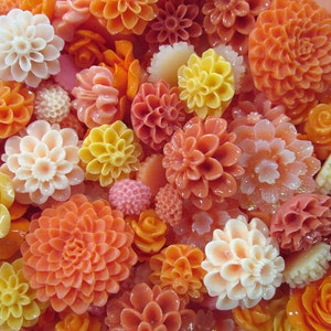 20pc. orange and peach flower cabochon mix,  cute grab bag of roses, mums etc...