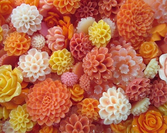 20pc. orange and peach flower cabochon mix,  cute grab bag of roses, mums etc...