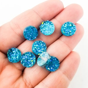 10 Round Light Blue Flatbacked Chunky 10mm Resin Druzy Cabochons, Flat Backed Acrylic Plastic Gemstone Drusy Cabs, Fake Drusies H97