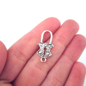 10 double sided silver padlock key connector charms, connecter pendants D156
