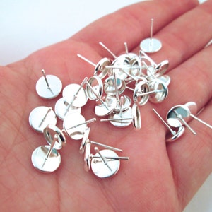 8mm round DIY bezel stud earring settings, silver plated ear blank base tray findings, pick your amount, C169