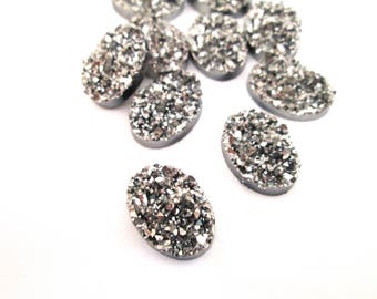 10 Silver Grey Resin Oval Druzy Flatbacked Resin Cabochons, 13x18mm Flat Backed Drusy Cabs, H91