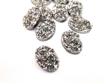 10 Grey Resin Druzy Cabochons, 13x18mm oval druzy cabs, H91