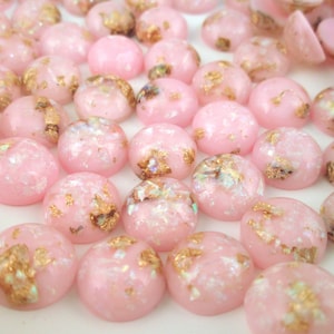 10 12mm Round Flatbacked Pastel Pink Resin Gold Foil Cabochons, Flat Backed Acrylic Plastic Cabs  H154
