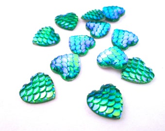 Ten 12mm Green/Blue Iridescent Fish Scale Flatbacked Resin Cabochons, Mermaid Flat Backed Acrylic Plastic Cabs, H528