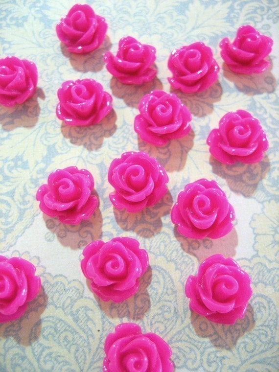 10mm rose flatbacked resin flower cabochons, hot pink magenta cute round floral flat backed acrylic plastic cabs, pick your amount