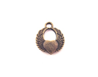 10 Antique Brass Plated Winged Heart Pendant Charms, A233