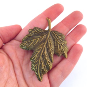 12 huge 65mm antique brass fall autumn leaf stampings pendants, bronze charms, 49x65mm, B62