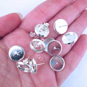 12mm round bezel stud earring settings, silver plated blank base ear findings, pick your amount, C171