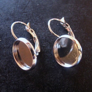 12mm round bezel setting earring hook lever back settings, silver plated leverback ear findings, pick your amount, C134