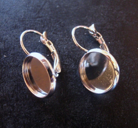 12mm round bezel setting earring hook lever back settings, silver plated leverback ear findings, pick your amount, C134