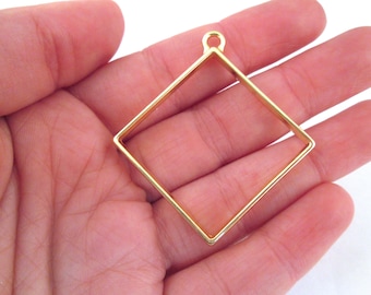 3 Gold Plated Diamond Charms, Open Bezel Pendant, Open Bezel Square Diy Blank Base Trays, 48mm Uv Resin Pressed Flower Supplies F178