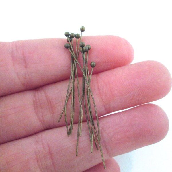 50 Brass plated ball eye pins 35mm long, C218