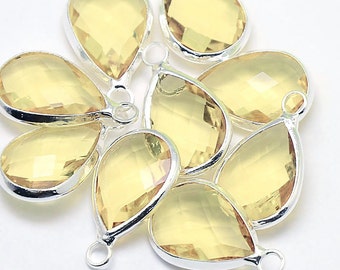 DESTASH SALE 2 Faceted Glass Single Loop Pendants, Light Citrine Yellow Tear Drops Bezel Crystals, Silver Plated L508