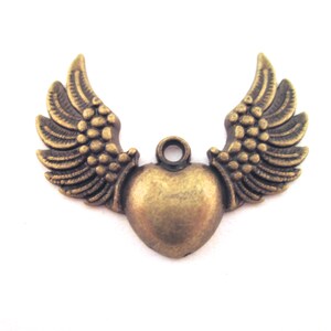 Antique Brass Winged 36.5mm Heart Charms, Bronze Flying  Angel Wing Heart Pendants, Pick your amount, H518