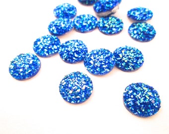 10 Iridescent Blue 12mm Flat Back Resin Druzy Cabochons, Flatback Drusy Cabs H583
