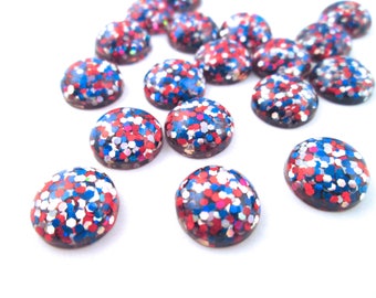 10 12mm Red, Silver and Blue Glitter Cabochons, mixed color cabs H312