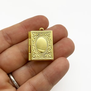 Gold plated brass rectangle book locket charm, rectangular keepsake pendants, Diy jewelry findings, pick your amount, C86