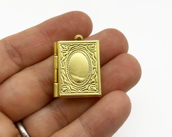 Gold plated brass rectangle book locket charm, rectangular keepsake pendants, Diy jewelry findings, pick your amount, C86