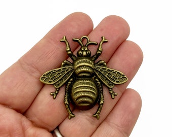 3 big brass plated bumble bee charms honeybee pendants (extra large),  B250