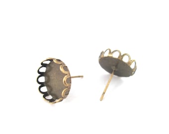 Antique brass plated round 12mm lace bezel earrings, bronze ear stud blank bases (Pick your amount), C149
