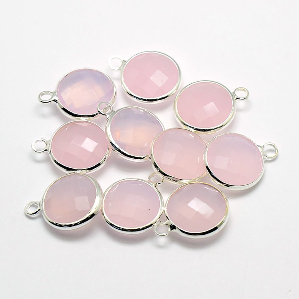 2 Pink Faceted Glass Pendants Rose Quartz Round Drop With a Etsy