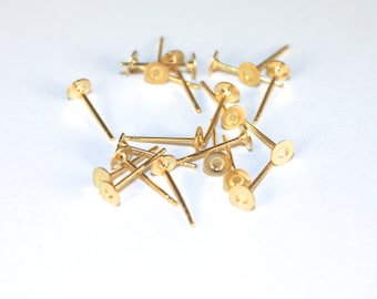 25 Pair 4mm flat pad gold plated ear studs with ear nuts, C193