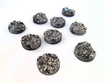 10 or 50 Pieces 12mm resin flatbacked drusy cabochons, Dark Silver Grey flat backed plastic druzy, pick your amount, H582