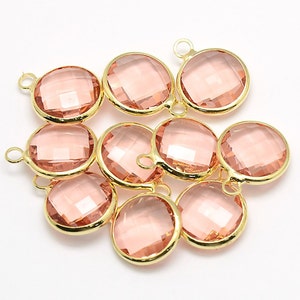 DESTASH SALE  2 Faceted Glass Single Loop Pendants, Peach Pink Round Charm Drop with a Smooth Gold Plated Bezel  L487