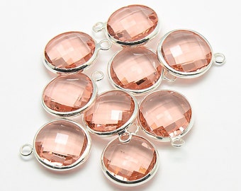 2 Faceted Glass Pendants, Peach Pink Round Drop with a Smooth Silver Plated Bezel L487