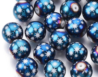 15 Round 10mm Iridescent Blue Snowflake Glass Christmas Beads L459