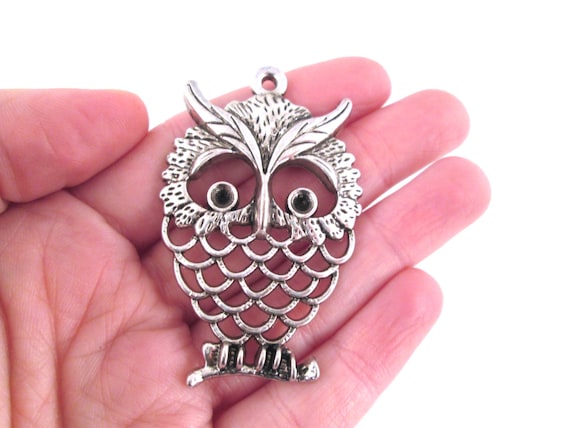 3 Large 58mm Focal Point Vintage Style Old Stock Silver Plated Groovy Owl Pendant Charms 58x37.5mm L506