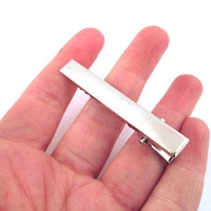 May include: A silver metal hair clip with a smooth, rectangular shape.