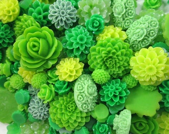 20pc. Flatbacked GREEN resin flower cabochon mix,  cute grab bag of roses, mums etc...