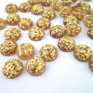 10 12mm Round Gold Resin Glitter Flatbacked Cabochons, Flat backed acrylic plastic glittery cabs H303