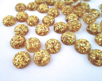 10 12mm Gold Resin Glitter Cabochons, flat backed cabs H303