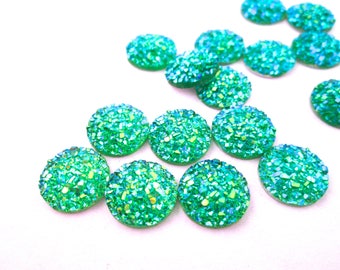 10 Iridescent Green Blue Teal 12mm Resin Druzy Cabochons, H71