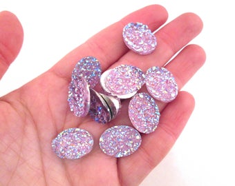 10 Ab Lavender Purple Resin Oval Druzy Flatbacked Resin Cabochons, 13x18mm Flat Backed Drusy Cabs H108