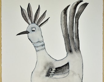 Original Watercolor Painting: Black and White Whimsical Bird