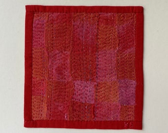 Pink and Red Silk Gauze Patchwork Embroidery Matted, Ready to Frame