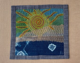 Sunset, Sunrise Silk Gauze Patchwork Embroidery, Matted, Ready to Frame