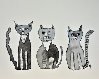 Original Watercolor Painting: Black and White Whimsical Cats