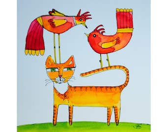 Whimsical Cat and Birds Watercolor Painting