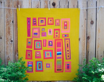 Las Ventanas Modern Improv Art Quilt, Ready to Hang