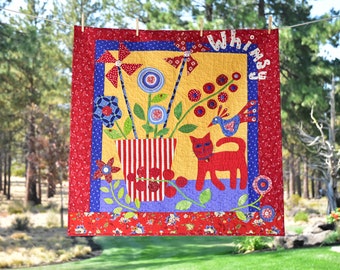 Whimsy Cat, Bird and Flowers Folk Art Quilt, Ready to Hang